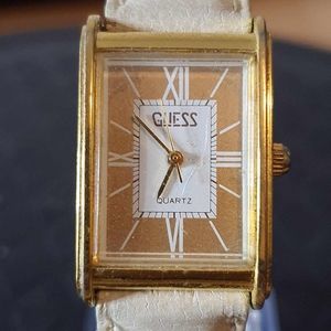 Vintage 1987 Guess Goldtone/ White Tank Leather Women's Watch